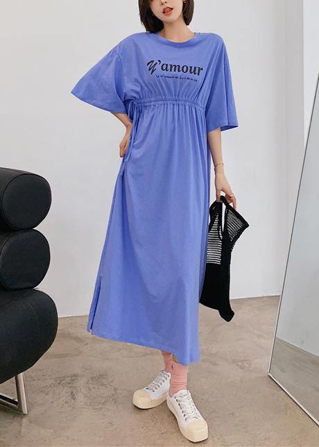 Organic blue Letter clothes For Women o neck Cinched Robe Dress - bagstylebliss