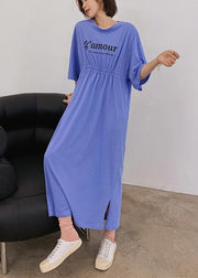 Organic blue Letter clothes For Women o neck Cinched Robe Dress - bagstylebliss