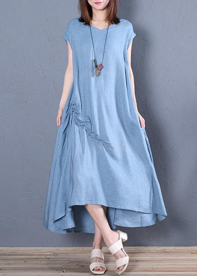 Organic blue cotton clothes For Women v neck Cinched loose Dresses - bagstylebliss