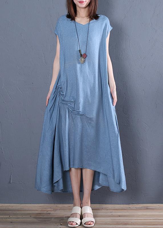 Organic blue cotton clothes For Women v neck Cinched loose Dresses - bagstylebliss