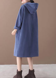 Organic blue false pockets cotton Wardrobes winter long hooded Dress - bagstylebliss