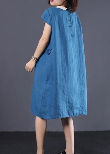 Organic blue linen clothes For Women patchwork color lapel collar baggy summer Dresses - bagstylebliss