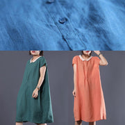 Organic blue linen clothes For Women patchwork color lapel collar baggy summer Dresses - bagstylebliss