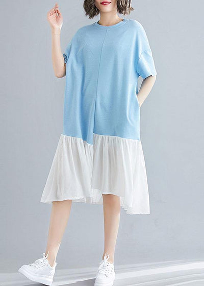 Organic blue o neck cotton quilting clothes asymmetric patchwork Maxi summer Dress - bagstylebliss