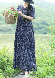 Organic blue print linen Robes Pakistani Work Chinese Button Maxi summer Dress - bagstylebliss