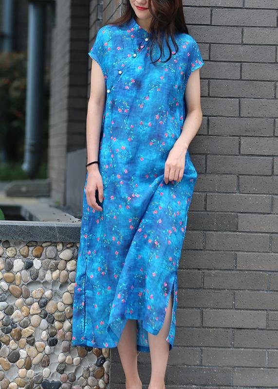 Organic blue print linen clothes For Women stand collar side open Kaftan Dresses - bagstylebliss