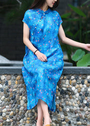 Organic blue print linen clothes For Women stand collar side open Kaftan Dresses - bagstylebliss