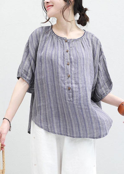 Organic blue striped linen box top o neck half sleeve oversized summer blouse - bagstylebliss