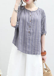 Organic blue striped linen box top o neck half sleeve oversized summer blouse - bagstylebliss