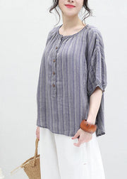 Organic blue striped linen box top o neck half sleeve oversized summer blouse - bagstylebliss