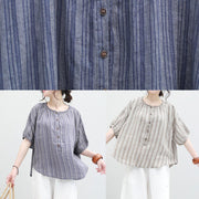 Organic blue striped linen box top o neck half sleeve oversized summer blouse - bagstylebliss