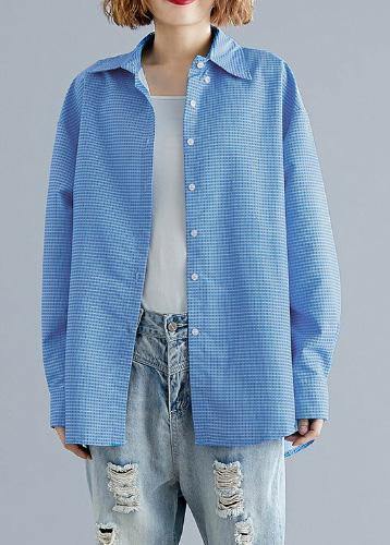 Organic blue white plaid cotton shirts Gifts POLO collar fall top - bagstylebliss