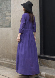 Organic bracelet sleeved linen clothes For Women Shape dark purple v neck Dress - bagstylebliss