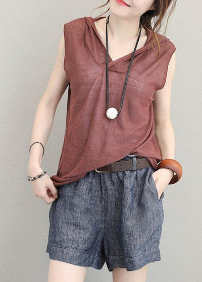 Organic brown cotton clothes For Women sleeveless short hooded blouse - bagstylebliss