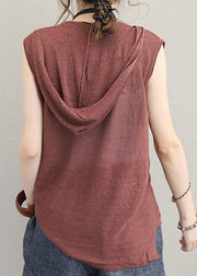 Organic brown cotton clothes For Women sleeveless short hooded blouse - bagstylebliss