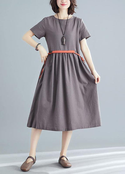 Organic brown linen quilting dresses o neck tie waist summer Dress - bagstylebliss