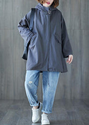 Organic dark gray hooded cotton Blouse drawstring hem tunic fall shirt - bagstylebliss