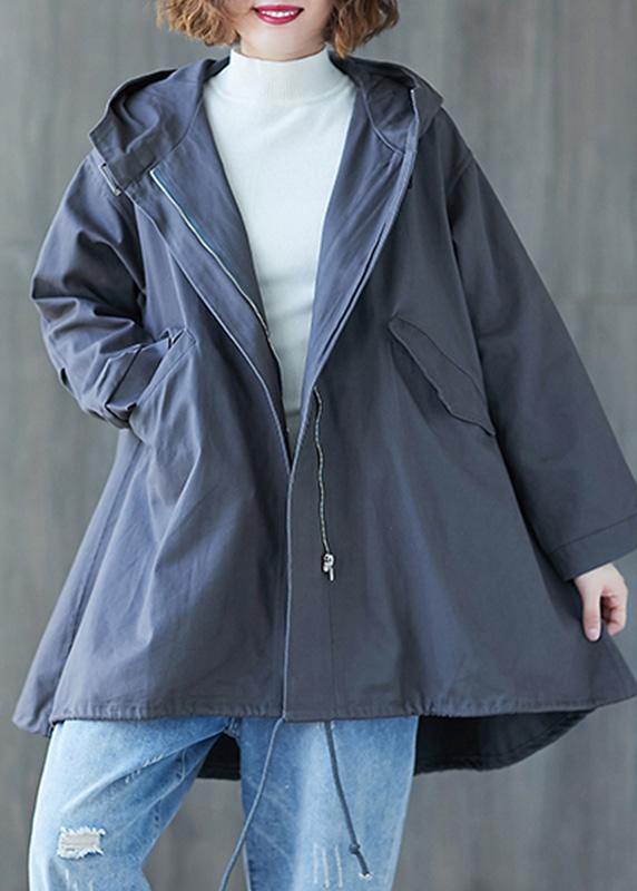 Organic dark gray hooded cotton Blouse drawstring hem tunic fall shirt - bagstylebliss