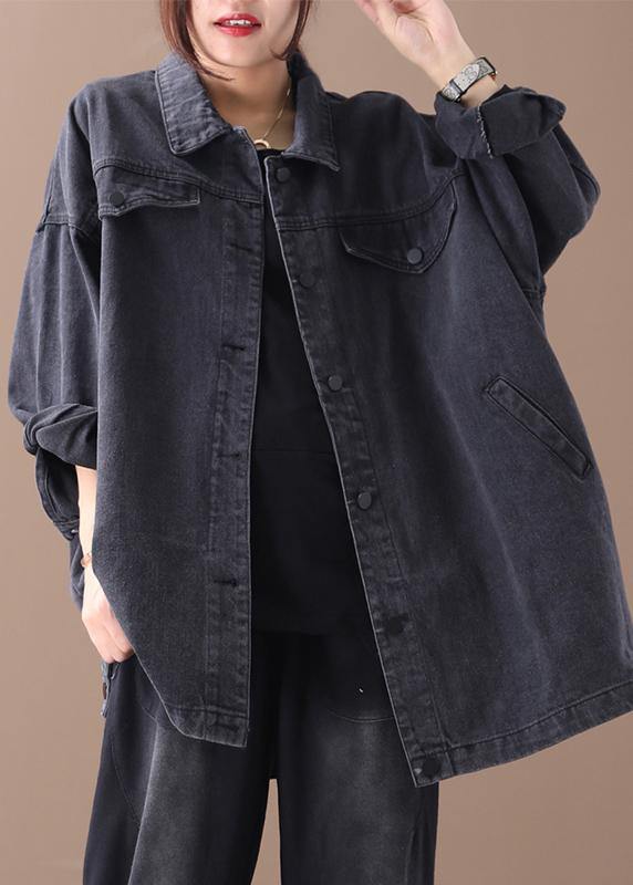 Organic denim black cotton crane tops lapel pockets Midi fall blouses - bagstylebliss