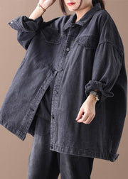 Organic denim black cotton crane tops lapel pockets Midi fall blouses - bagstylebliss