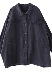 Organic denim black cotton crane tops lapel pockets Midi fall blouses - bagstylebliss