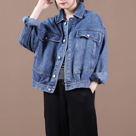 Organic denim blue Fine maxi coat Inspiration lapel fall jackets - bagstylebliss