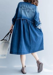 Organic denim blue embroidery Fine clothes For Women Wardrobes striped collar fall outwears - bagstylebliss