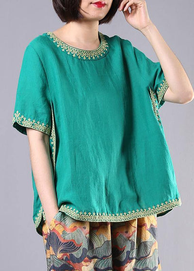 Organic embroidery linen cotton clothes green o neck Dresses blouses summer - bagstylebliss