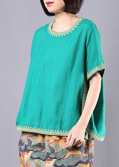 Organic embroidery linen cotton clothes green o neck Dresses blouses summer - bagstylebliss