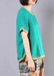 Organic embroidery linen cotton clothes green o neck Dresses blouses summer - bagstylebliss