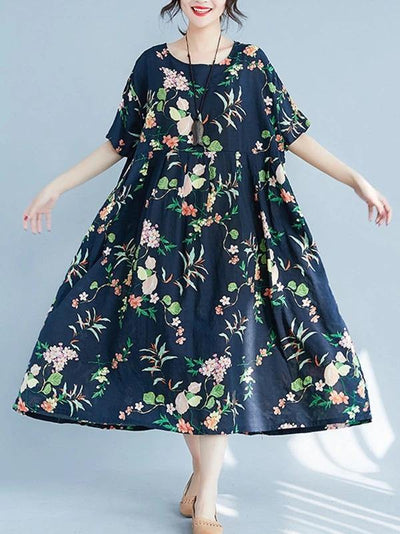Organic floral cotton linen Robes o neck large hem Love summer Dresses - bagstylebliss