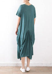 Organic green linen cotton clothes Organic Fashion Ideas o neck asymmetric Maxi Summer Dresses - bagstylebliss