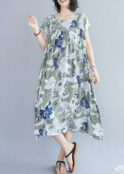 Organic green print clothes o neck pockets cotton summer Dresses - bagstylebliss