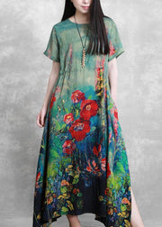 Organic green print dresses o neck tie waist Robe summer Dress - bagstylebliss