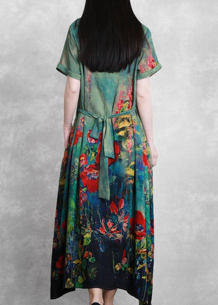 Organic green print dresses o neck tie waist Robe summer Dress - bagstylebliss