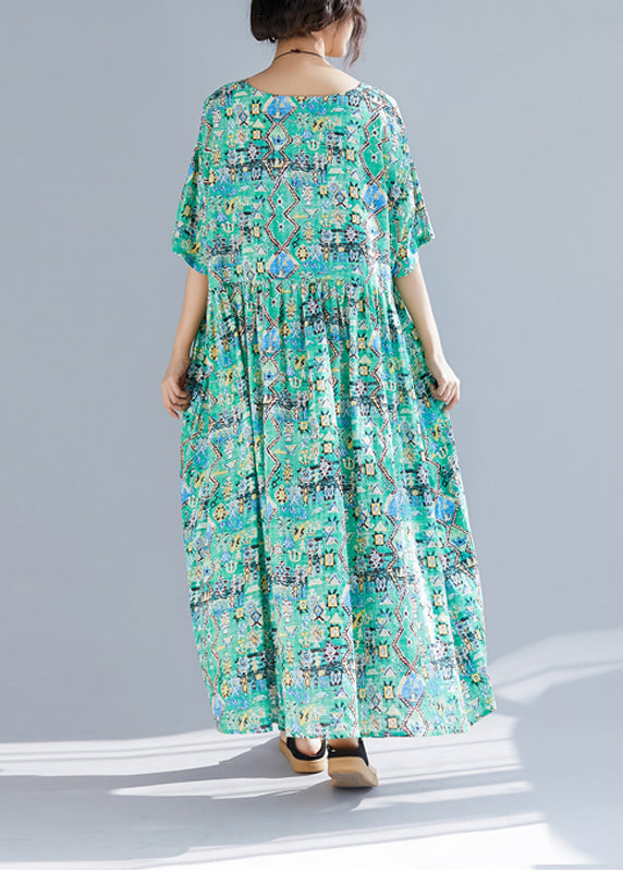 Organic green print linen Wardrobes Vintage design o neck Cinched Robe Summer Dresses