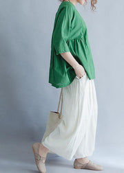 Organic green Cinched linen cotton tunic pattern Wardrobes half sleeve summer top - bagstylebliss
