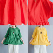 Organic green Cinched linen cotton tunic pattern Wardrobes half sleeve summer top - bagstylebliss