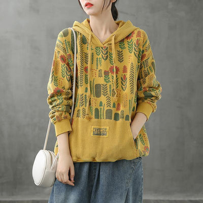 Organic hooded fall crane tops Neckline yellow Plant printing shirts - bagstylebliss