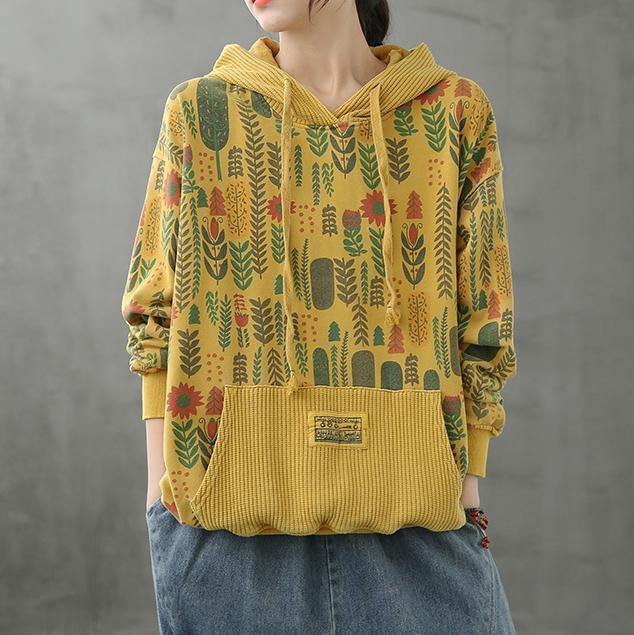 Organic hooded fall crane tops Neckline yellow Plant printing shirts - bagstylebliss