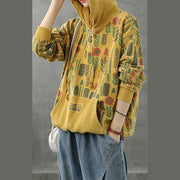 Organic hooded fall crane tops Neckline yellow Plant printing shirts - bagstylebliss