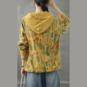 Organic hooded fall crane tops Neckline yellow Plant printing shirts - bagstylebliss