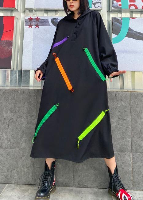 Organic hooded long sleeve fallclothes design black long Dress - bagstylebliss