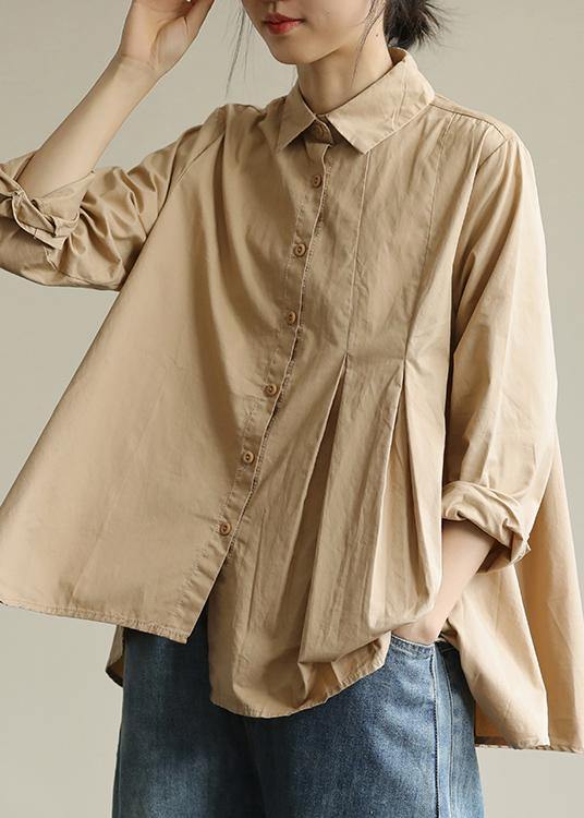 Organic khaki Tunic lapel asymmetric short shirt - bagstylebliss