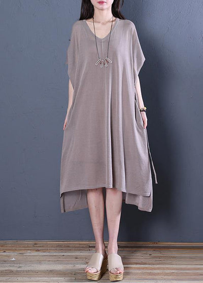 Organic khaki linen clothes For Women v neck side open baggy summer Dress - bagstylebliss