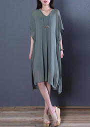 Organic khaki linen clothes For Women v neck side open baggy summer Dress - bagstylebliss