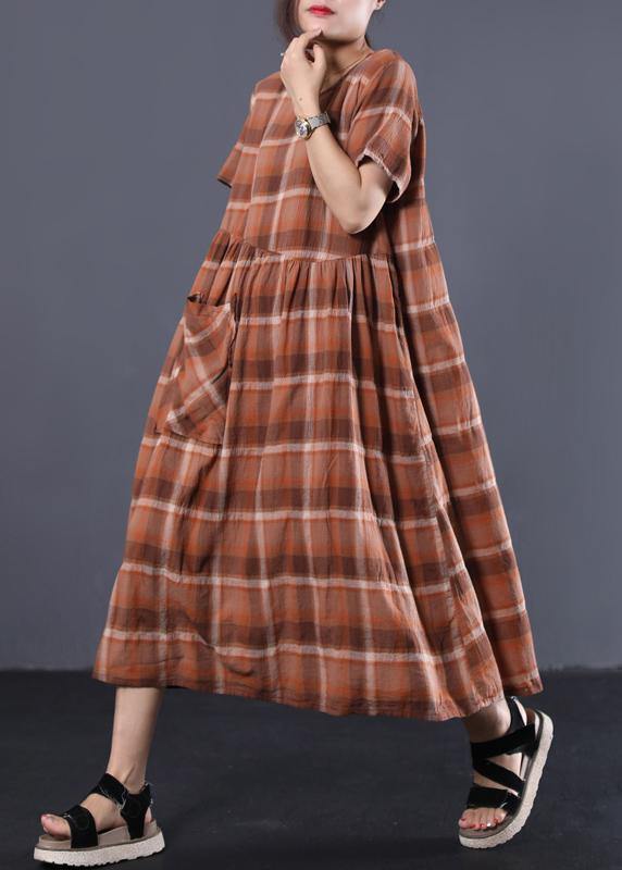 Organic khaki plaid o neck cotton clothes Women big hem long summer Dresses - bagstylebliss