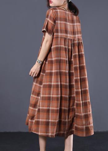 Organic khaki plaid o neck cotton clothes Women big hem long summer Dresses - bagstylebliss