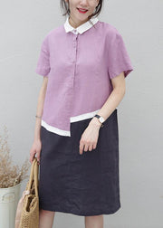 Organic lapel patchwork linen summerLong Shirts pattern purple Dress - bagstylebliss