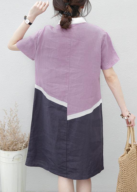 Organic lapel patchwork linen summerLong Shirts pattern purple Dress - bagstylebliss